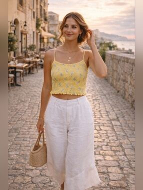 EUC Hollister Yellow Floral Cropped And Smocked Camisole Top Size Large